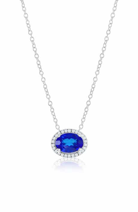 Sterling Silver Lab Grown Gemstone & Diamond Halo Pendant Necklace