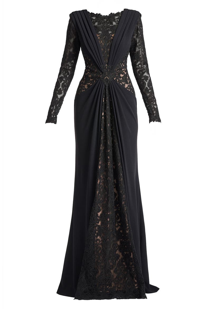 Mixed Media Long Sleeve Body-Con Gown, Alternate, color, BLACK