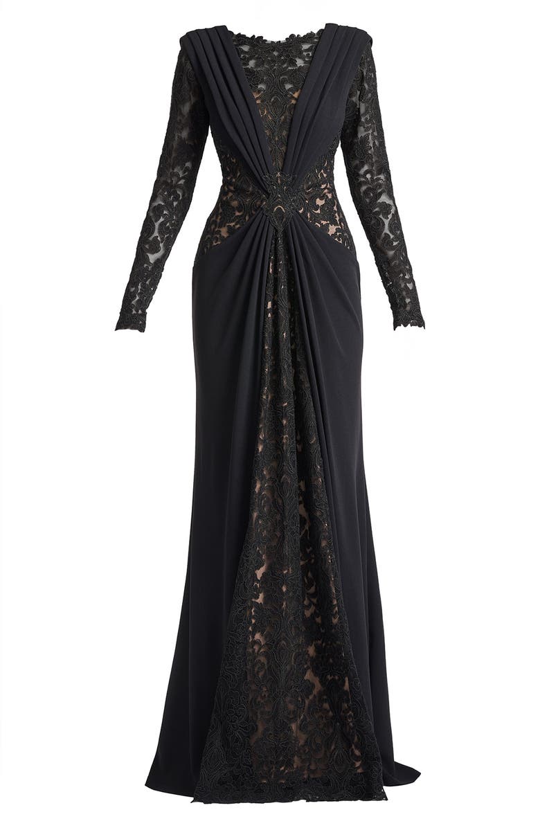 Tadashi Shoji Mixed Media Long Sleeve Body-Con Gown, Alternate, color, Black