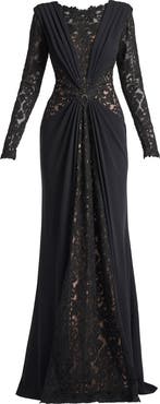 Tadashi Shoji Mixed Media Long Sleeve Body-Con Gown