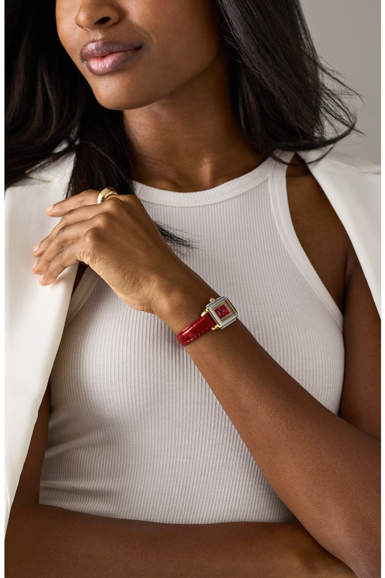 Mini Deco Madison Special Edition Two-Tone 18K Gold Plate Diamond Pavé Leather Strap Watch, 23mm x 24mm, Alternate, color, TWO TONE / RED
