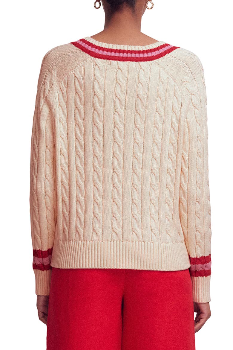 Maeve Cable Stitch Cotton V-Neck Sweater, Alternate, color, IVORY CABLE RED