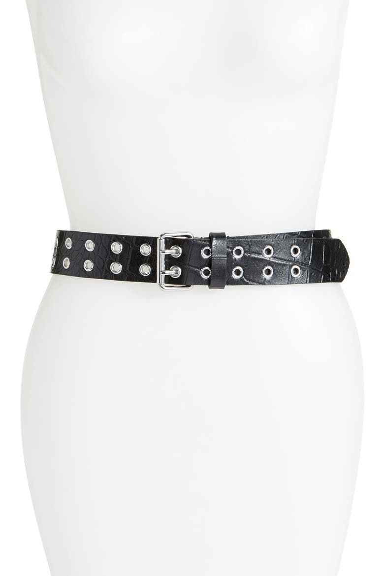 Double Prong Eyelet Leather Belt, Main, color, BLACK CRACKLE