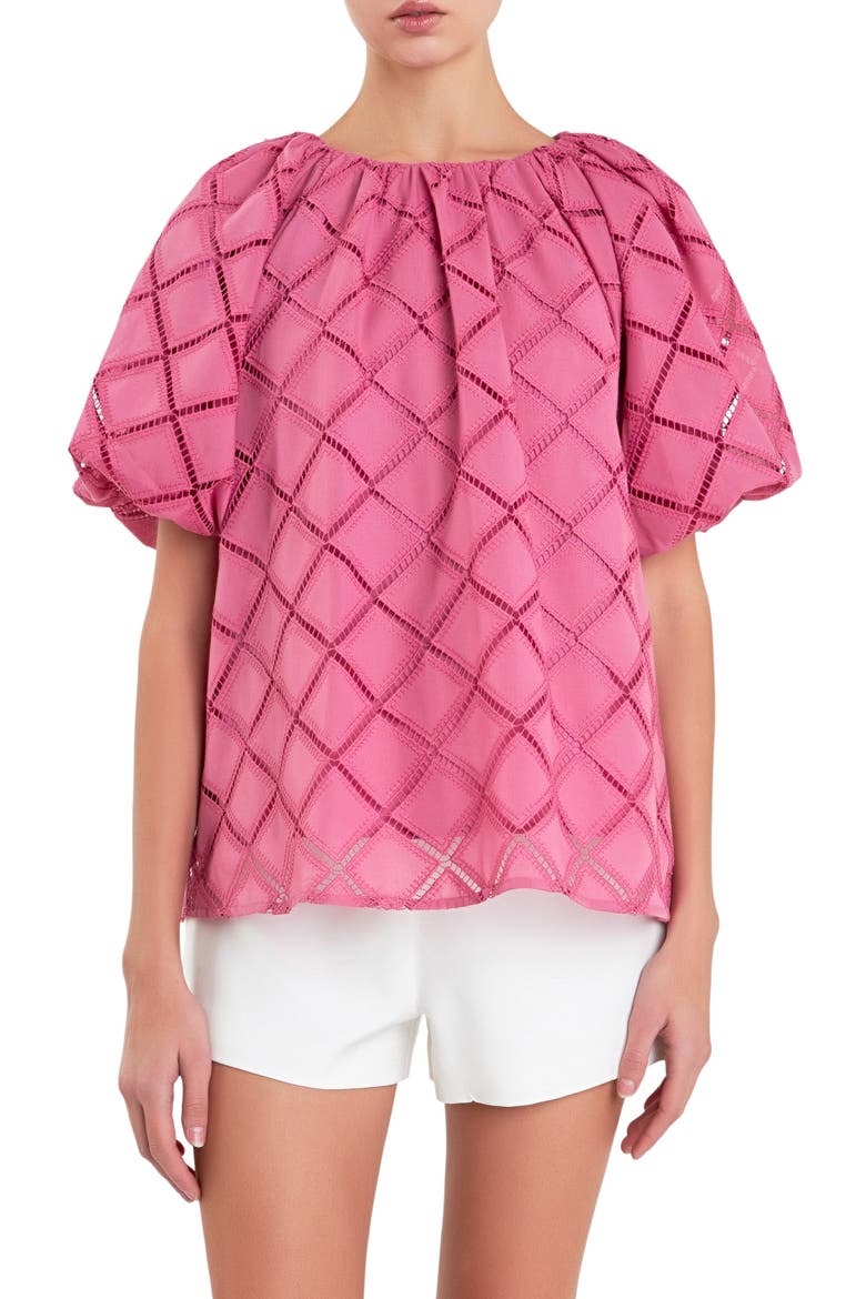 Embroidered Tie Back Puff Sleeve Top, Alternate, color, BERRY PINK