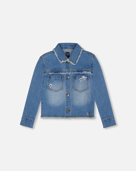 Little Girl's Frayed Denim Jacket With Embroidery Jeans Blue