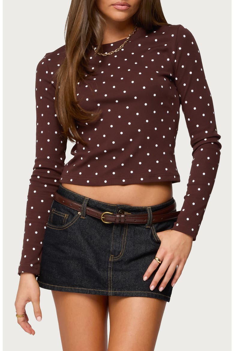 Daliya Polka Dot Long Sleeve Cotton Crop T-Shirt, Main, color, BROWN