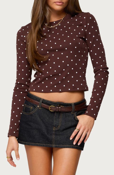 Daliya Polka Dot Long Sleeve Cotton Crop T-Shirt
