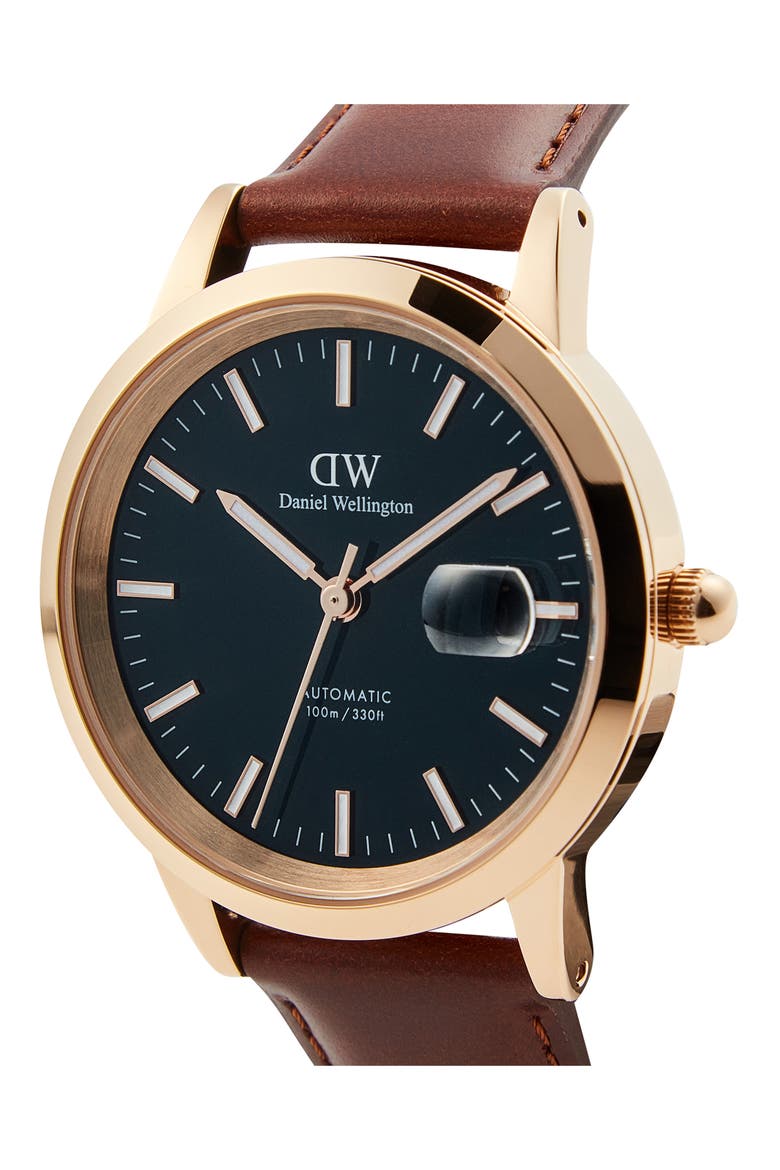 Iconic Automatic Leather Strap Watch, 40mm, Alternate, color, BROWN/ ROSE GOLD