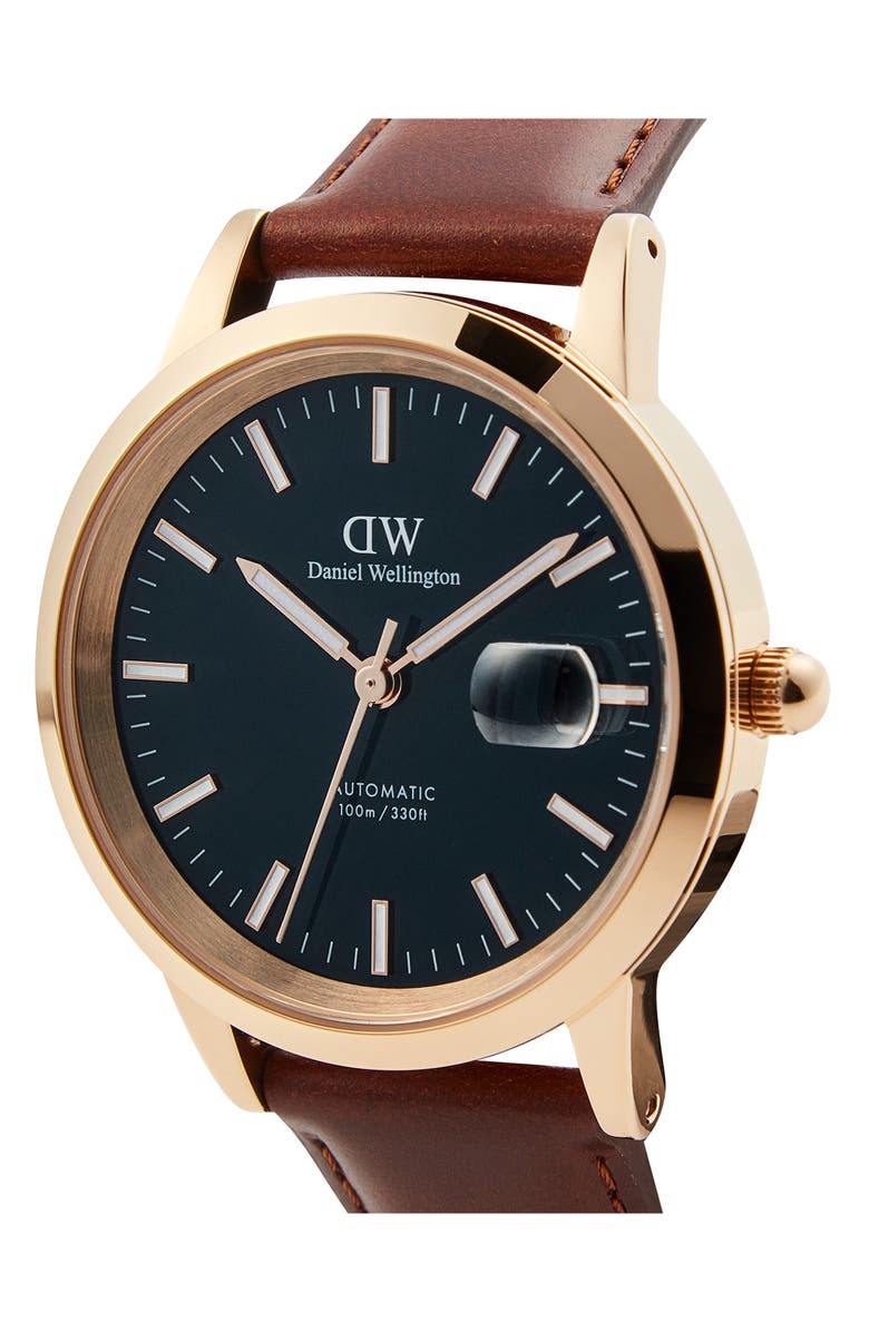 Daniel Wellington Iconic Automatic Leather Strap Watch, 40mm, Alternate, color, Brown/ Rose Gold