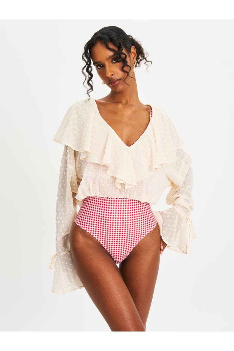 Magali Dotted Mesh Ruffle V Collar Top, Alternate, color, Beige