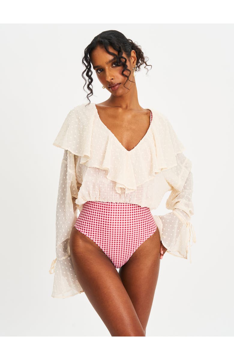 Miss Circle Magali Dotted Mesh Ruffle V Collar Top, Alternate, color, Beige