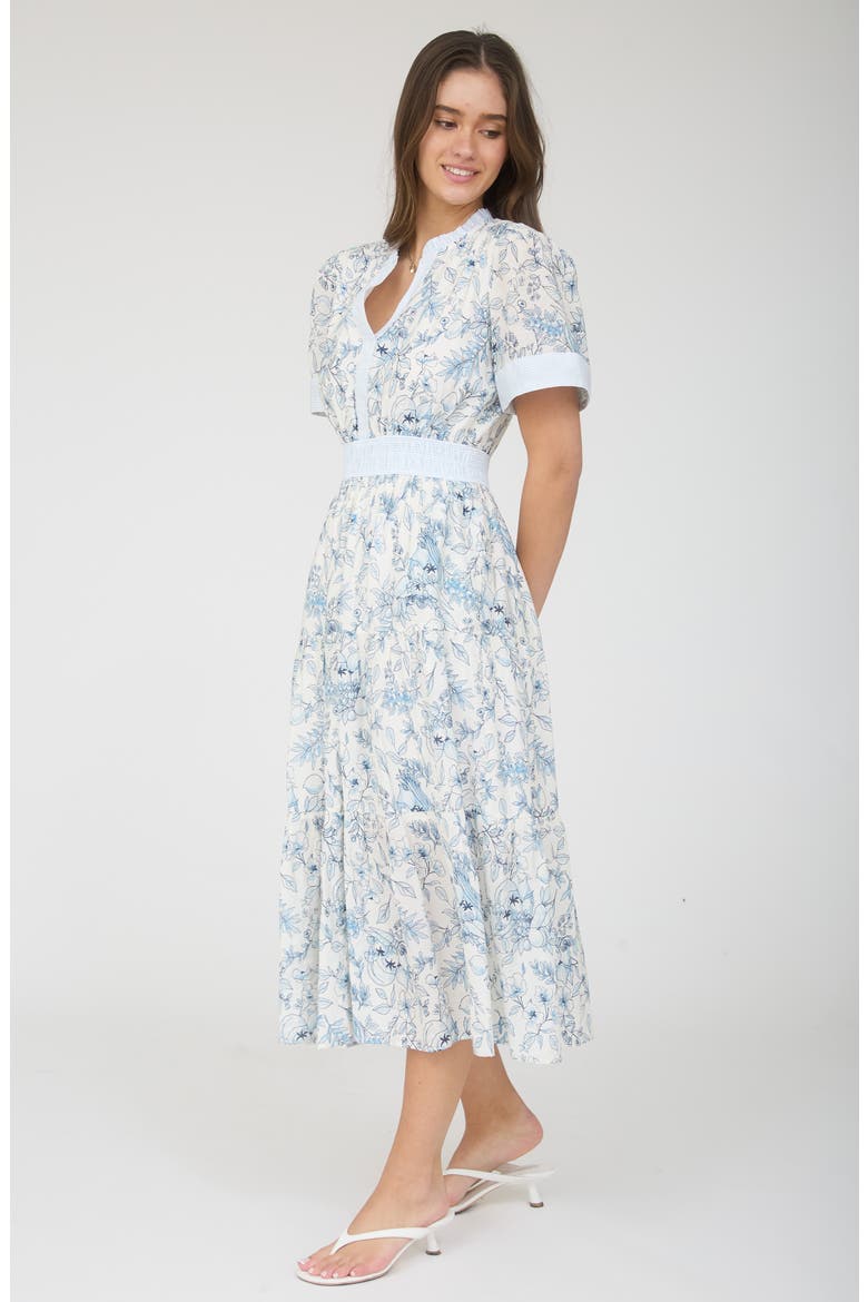 Floral Short Sleeve Midi Dress, Alternate, color, IVORY/ BLUE