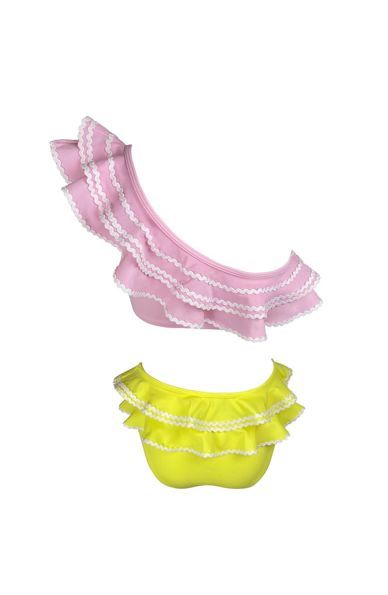 NESSI BYRD Kids' One Shoulder Multi-Layered Ruffle Two-Piece Swimsuit, Alternate, color, Pink-Yellow