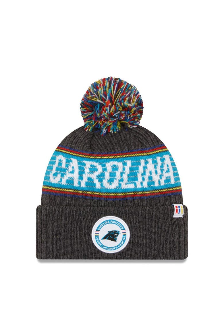 Men's New Era  Heather Charcoal Carolina Panthers 2022 Greg Olsen x Atrium Health Levine Children's Hospital Pom Knit Hat, Main, color, Heather Charcoal