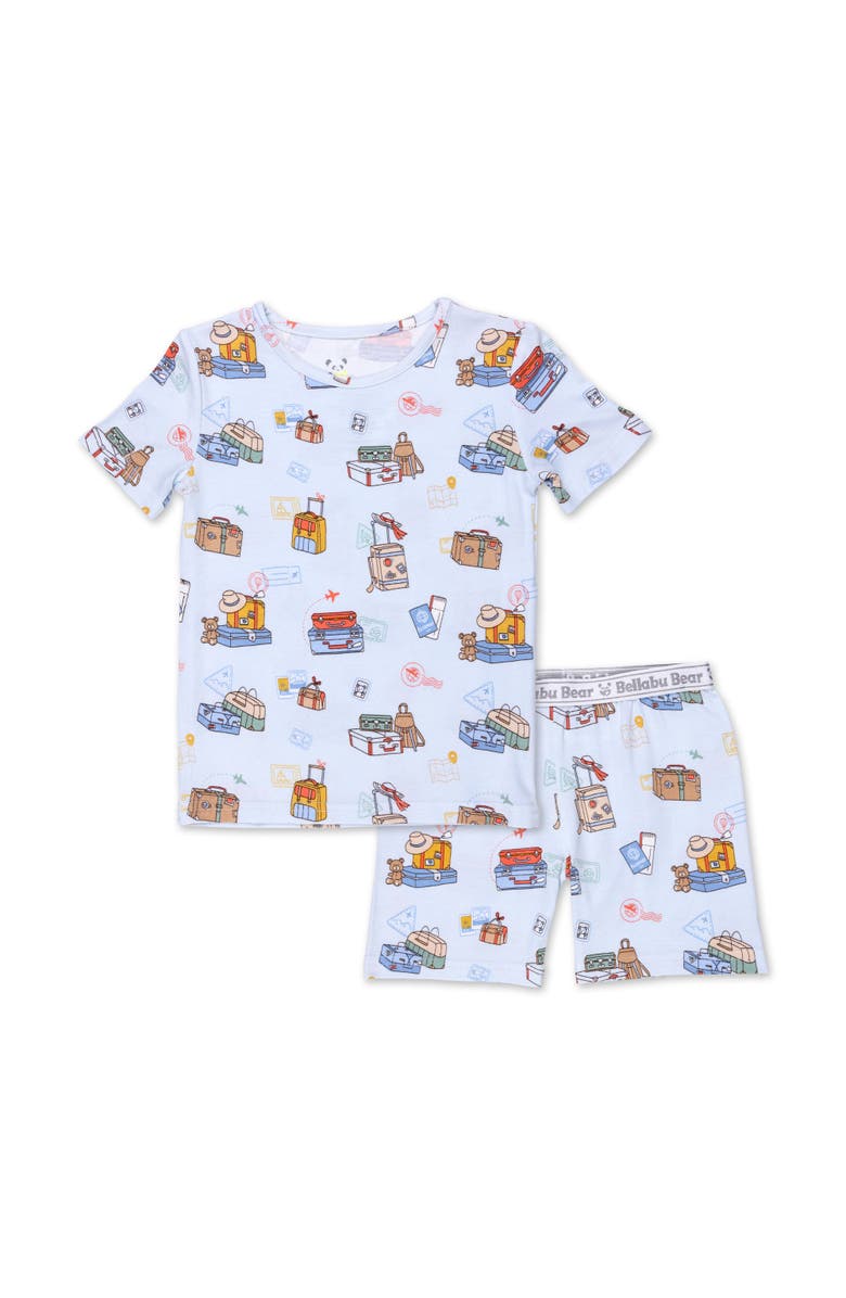 Bellabu Bear Vintage Suitcases Kids 2-Piece Short Sleeve & Shorts Pajama Set, Main, color, Vintage Suitcases