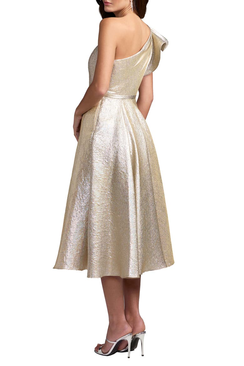 Women's One Shoulder Ruffle Metallic Midi Dress, Alternate, color, Oyster