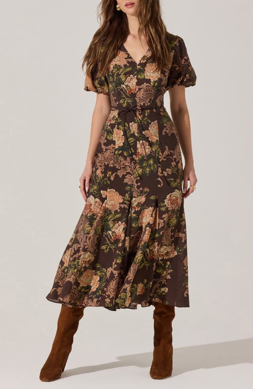 Astr The Label Lavena Floral Puff Sleeve Midi Dress In Brown