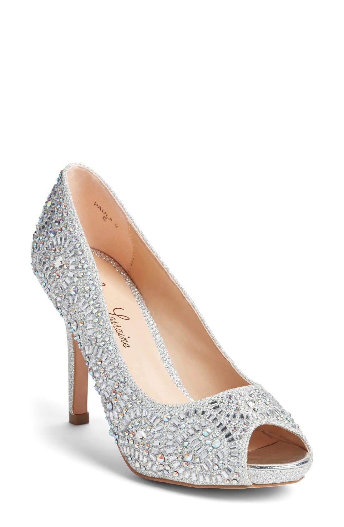 'Paula' Crystal Peep Toe Pump, Main, color, SILVER SPARKLE
