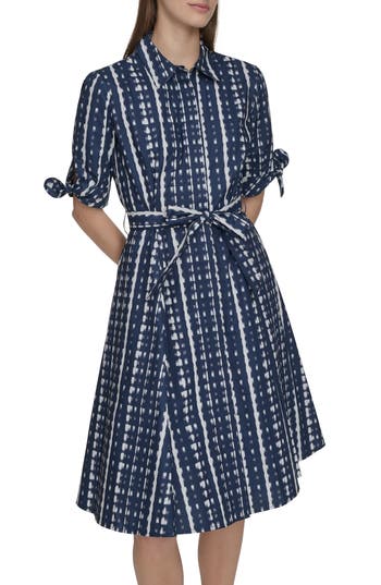 Calvin Klein Short Sleeve Cotton Shirtdress In Indigo Mul