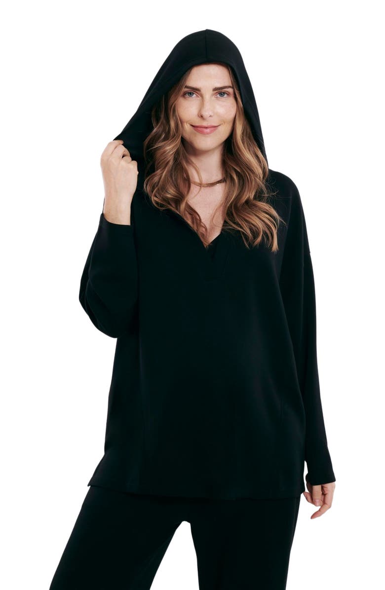 MOTHERHOOD MATERNITY V-Neck Pullover Scuba Knit Hoodie, Alternate, color, Black