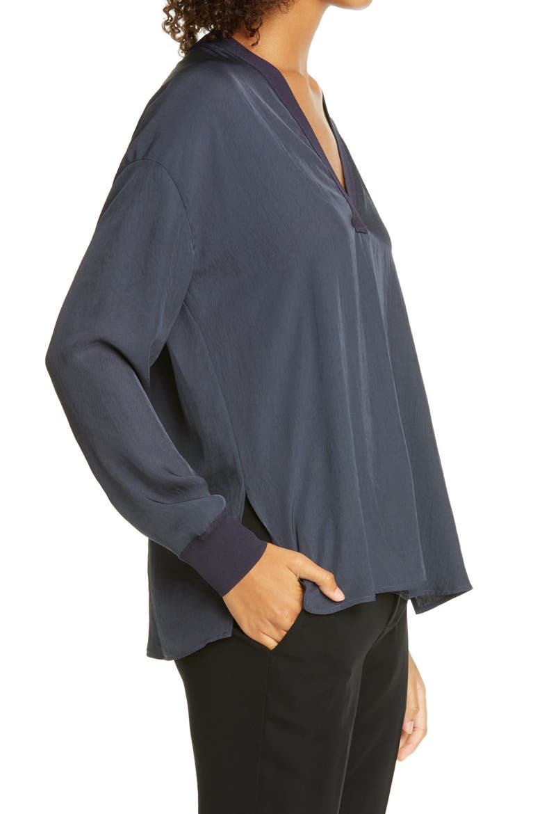 V-Neck Long Sleeve Rib Trim Top, Alternate, color, COASTAL
