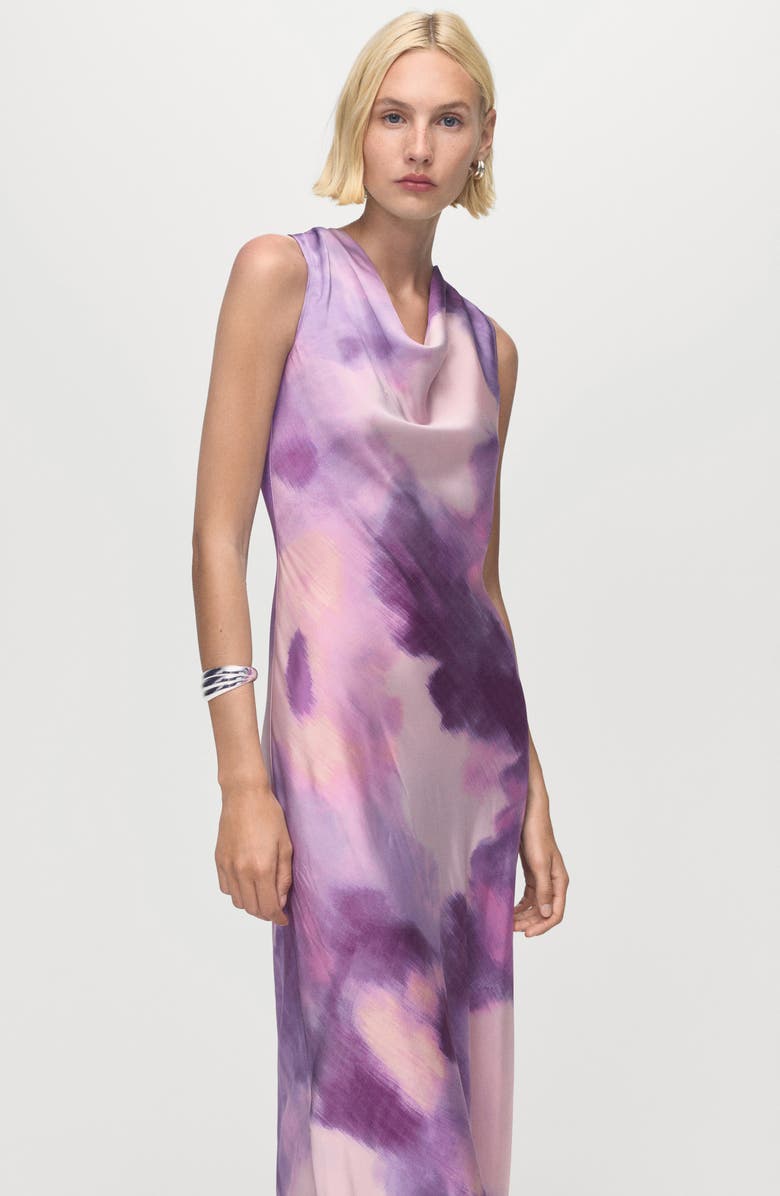 MANGO Tie Dye Cowl Neck Satin Midi Dress, Alternate, color, Light/ Pastel Purple
