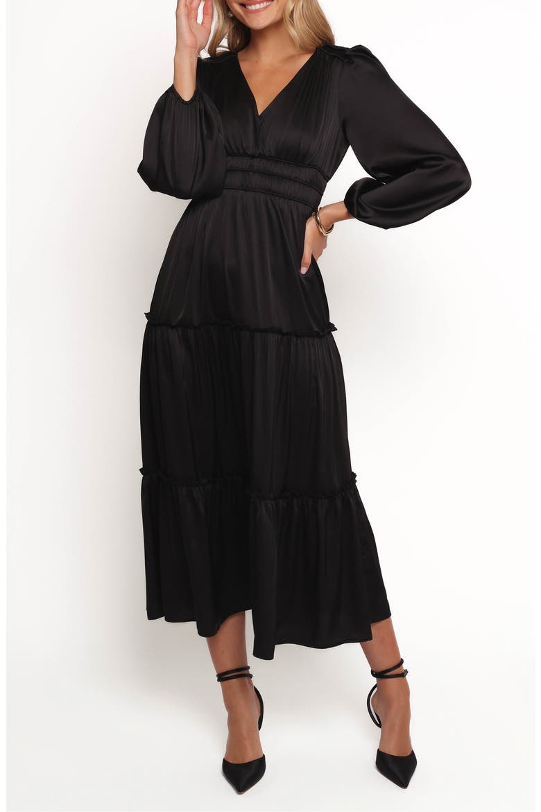 Rowen Long Sleeve Satin Midi Dress, Main, color, BLACK