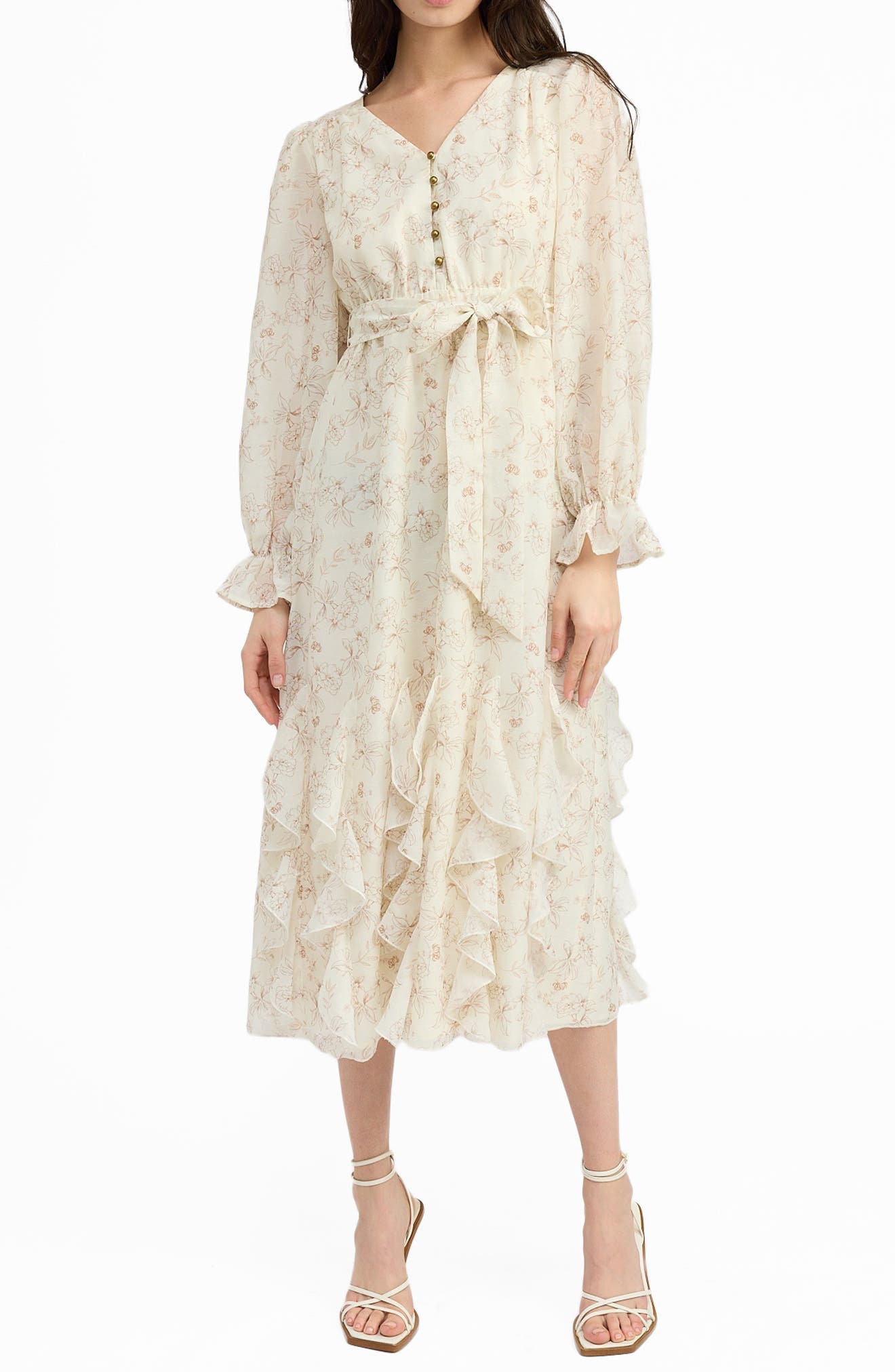 En Saison Jaylin Print Ruffle Long Sleeve Maxi Dress in Ivory Tan 
