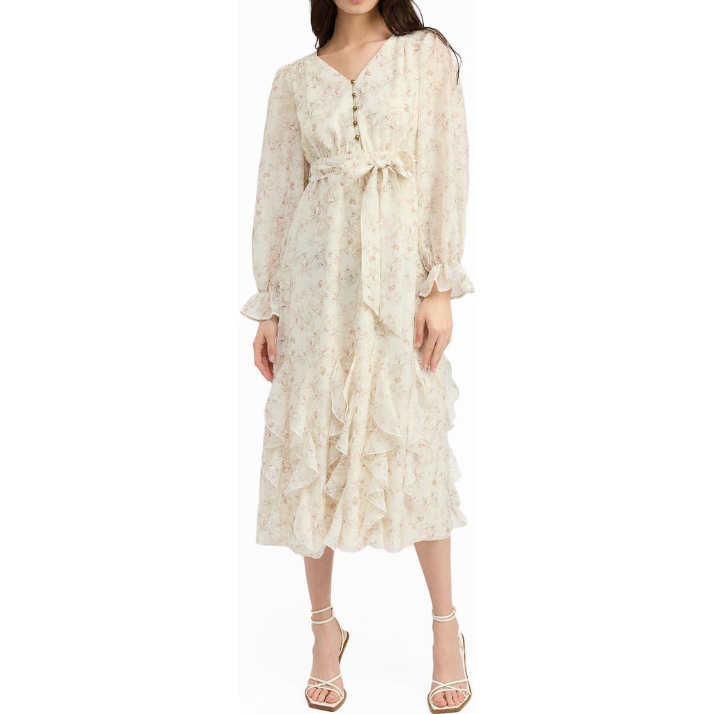 En Saison Jaylin Print Ruffle Long Sleeve Maxi Dress in Ivory Tan