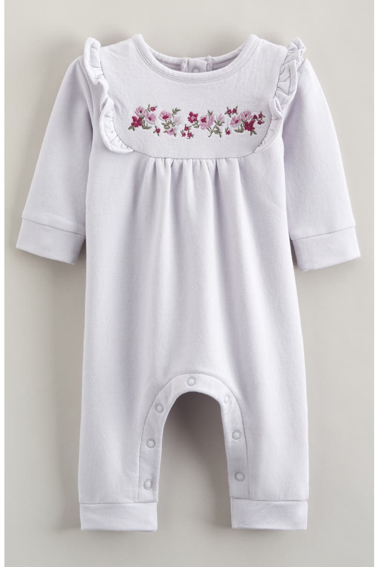 Ruffle Detail Fleece Romper, Main, color, PURPLE HINT INGRID FLORAL