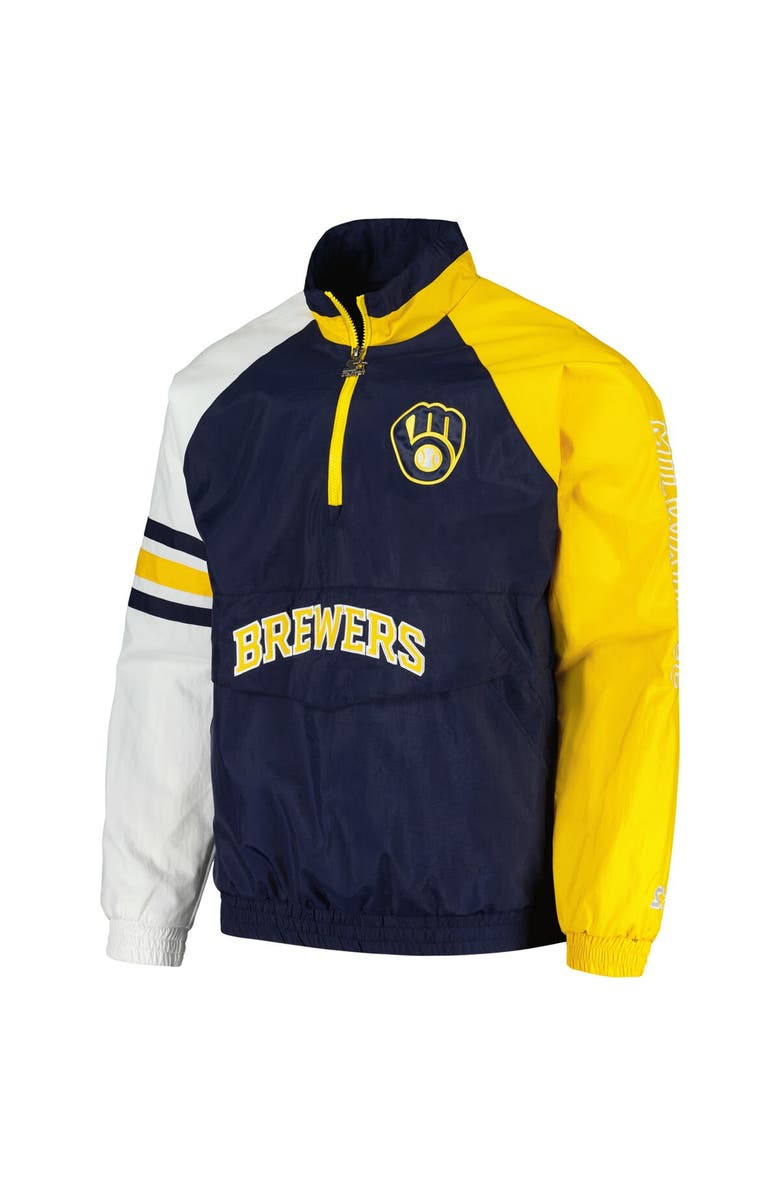STARTER Men's Starter Navy/Gold Milwaukee Brewers Elite Raglan Half-Zip Jacket, Alternate, color, Navy