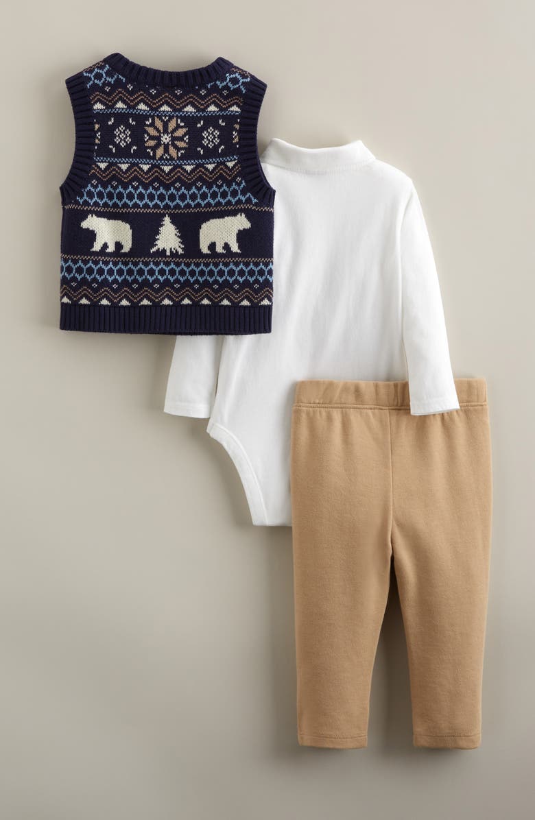 Nordstrom Fair Isle Vest, Bodysuit & Pants Set, Alternate, color, Navy Forest Stripe- Tan Stock