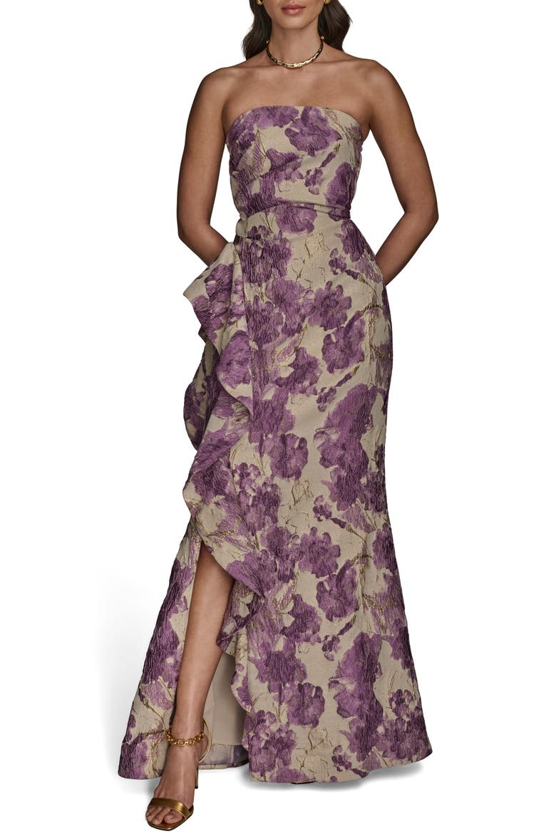 Floral Ruffle Strapless Jacquard Trumpet Gown, Main, color, WISTERIA M