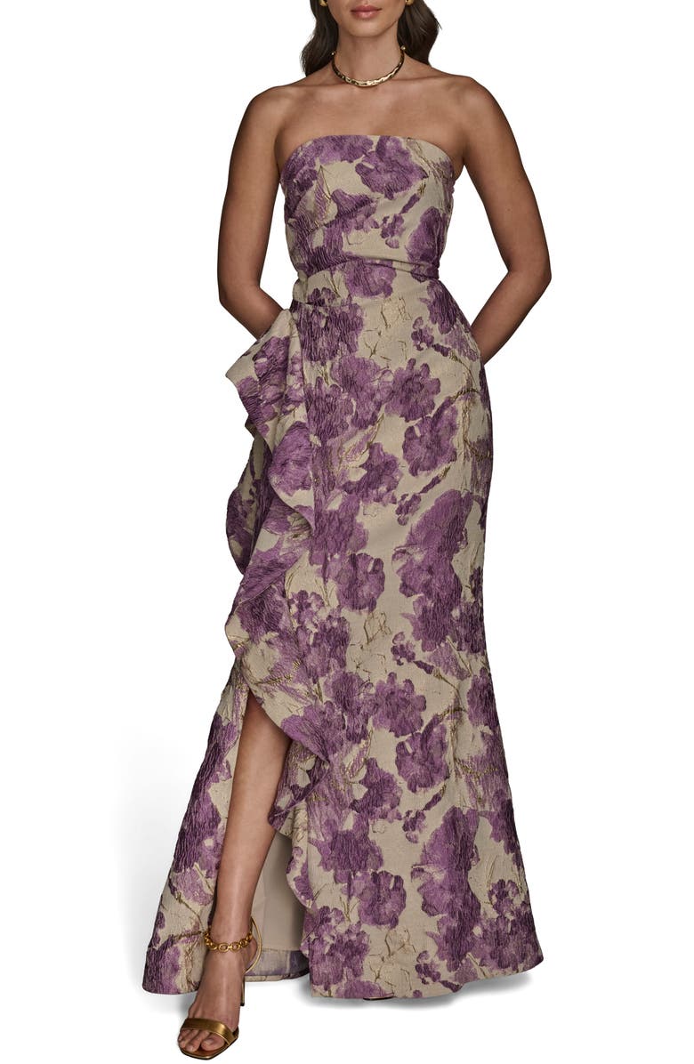 Donna Karan New York Floral Ruffle Strapless Jacquard Trumpet Gown, Main, color, Wisteria M