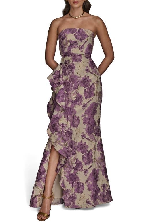 Donna Karan New York Floral Ruffle Strapless Jacquard Trumpet Gown In Purple