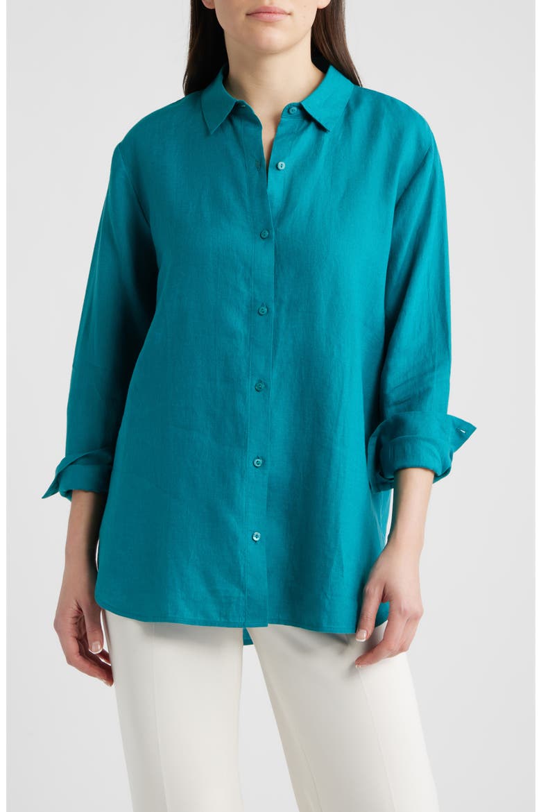 Classic Collar Organic Linen Long Button-Up Shirt, Main, color, TEAL