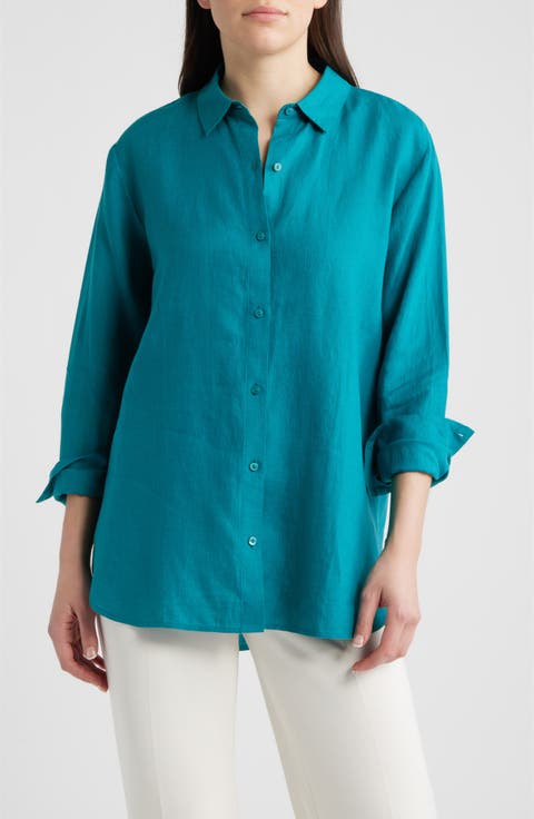Classic Collar Organic Linen Long Button-Up Shirt (Regular & Petite)