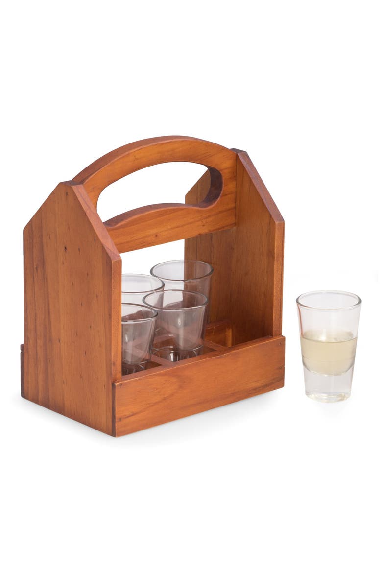 Set of 6 Shot Glasses & Wooden Caddy, Alternate, color, BROWN