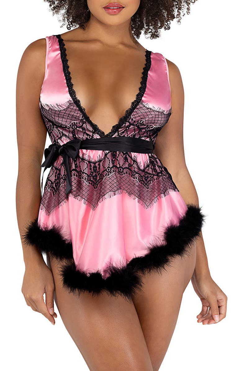 Roma Confidential Lace Trim Satin Babydoll Chemise & Thong Set, Main, color,