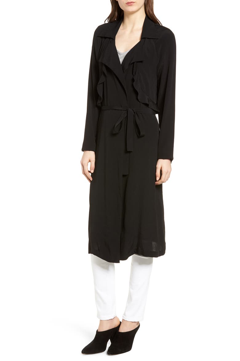 Ruffle Drape Front Belted Duster Jacket, Alternate, color, BLACK