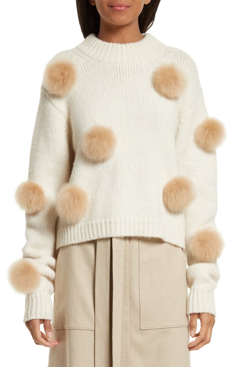 Tibi Genuine Alpaca Fur Trim Pompom Sweater, Main, color, 