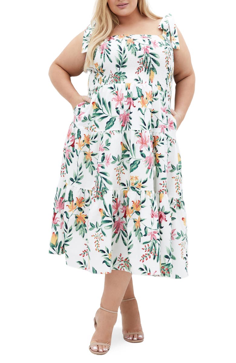 City Chic Haven Smocked Floral Cotton Midi Dress, Main, color, 