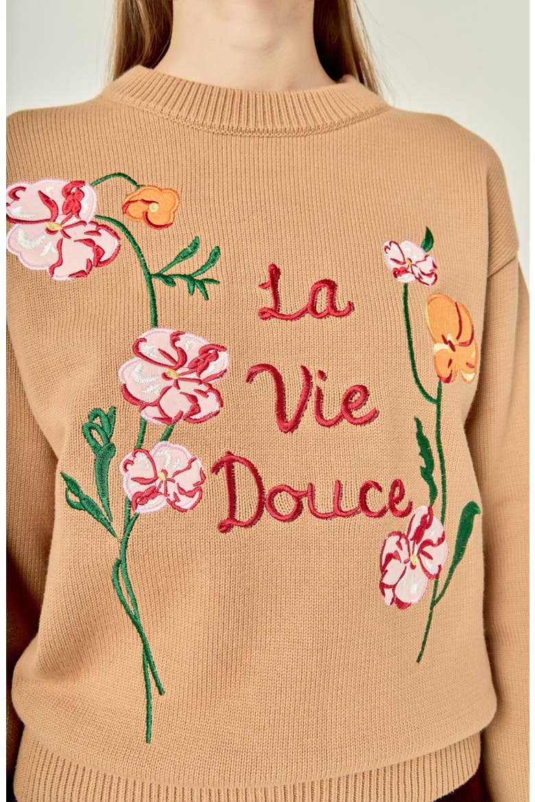 Flower Embroidered Sweater, Alternate, color, CAMEL