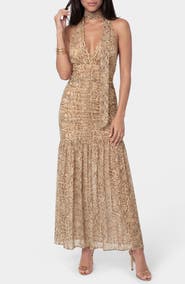 bebe Print Mesh Halter Maxi Dress