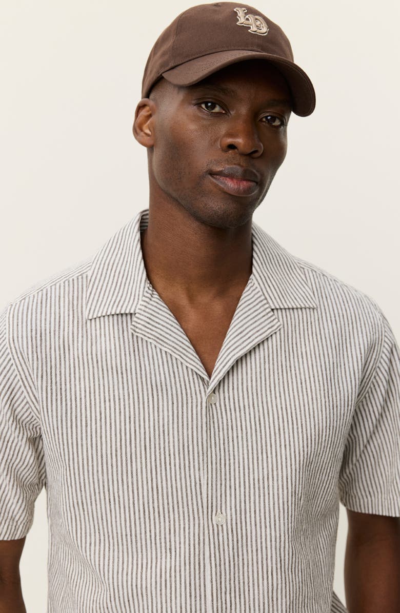 Les Deux Lukas Stripe Cotton & Linen Camp Shirt, Alternate, color, Teak Brown