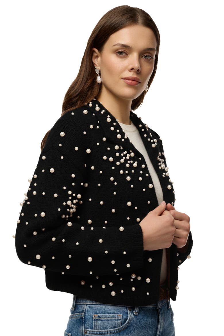 Faux Pearl Bead Open Front Cardigan, Alternate, color, BLACK