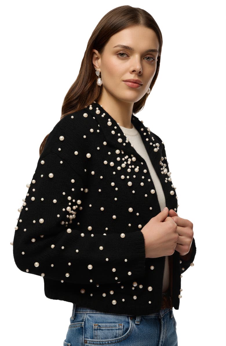 SAACHI Faux Pearl Bead Open Front Cardigan, Alternate, color, Black