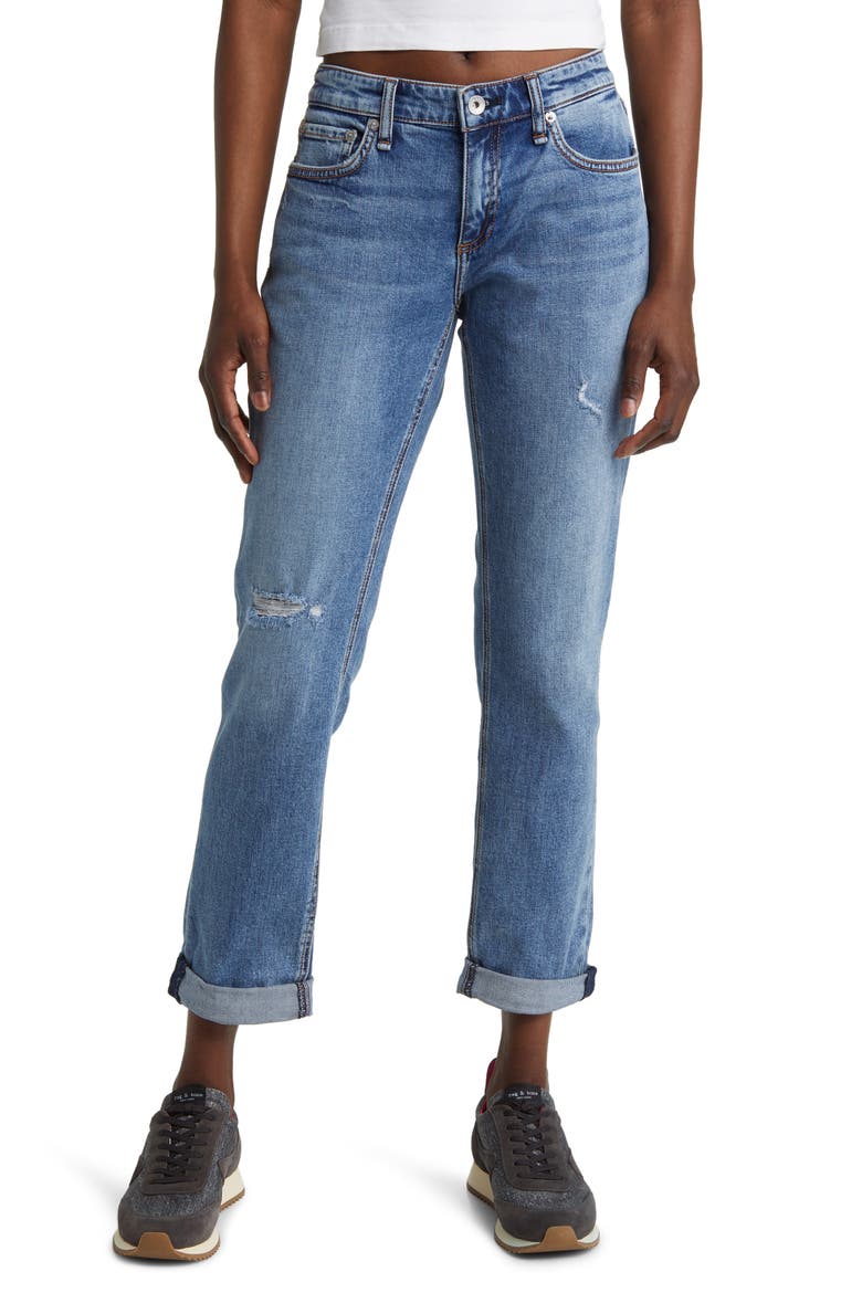 Dre Distressed Low Rise Slim Boyfriend Jeans, Main, color, BLUE RIVER