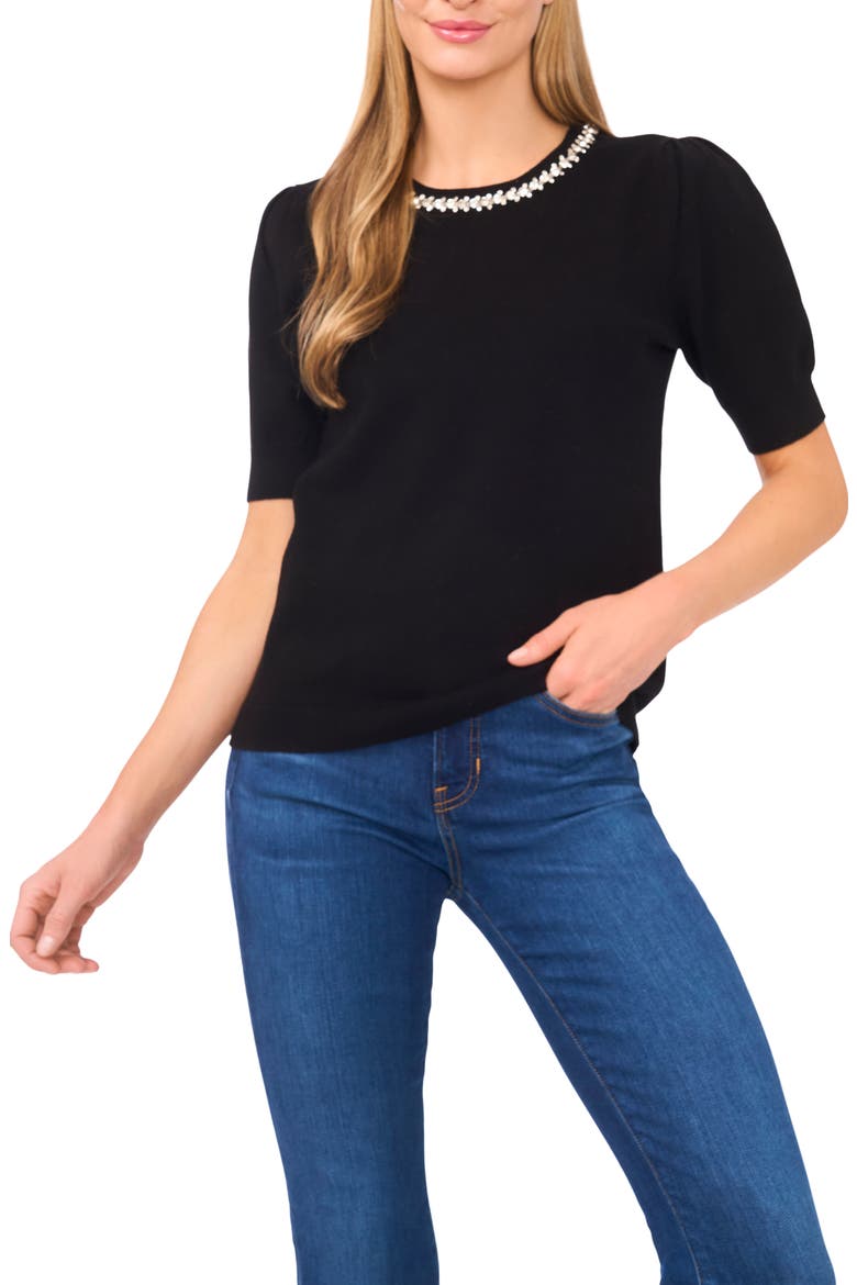 Embellished Collar Short Sleeve Sweater, Main, color, RICH BLACK