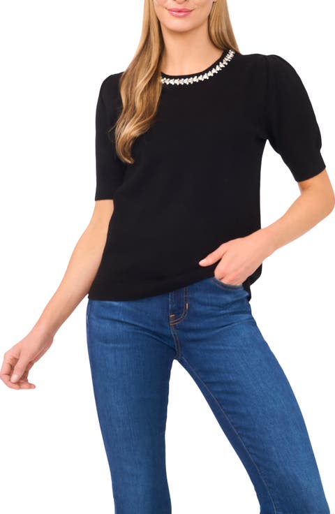 Embellished Collar Short Sleeve Sweater